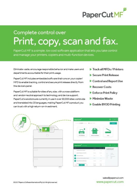 Fact Sheet Cover, Papercut MF, Advanced Business Solutions, Xerox, Lexmark, HP, Copier, Printer, MFP, Florida, FL